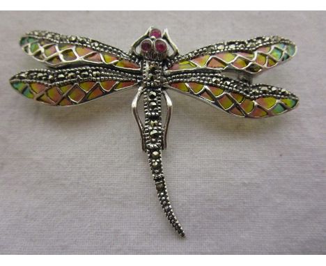 Silver &amp; champlevé enamel stone set dragonfly brooch
