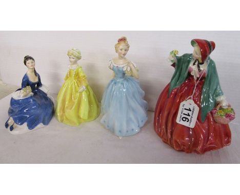 3 Royal Doulton figurines HN1949, HN2178 &amp; HN2393 &amp; Royal Worcester figure - Grandmothers dress