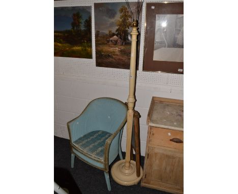 A blue painted Lloyd Loom style chair, an early 20th century pale oak washboard; a 20th century turned pedestal lamp 