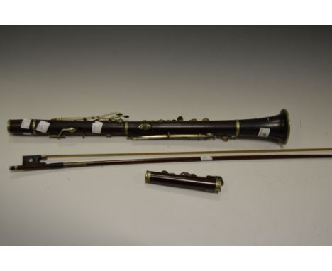 Musical Instruments - an Excelsior clarinet, retailed by Riviere and Hawkes, Leicester Square, London; violin bow (2)