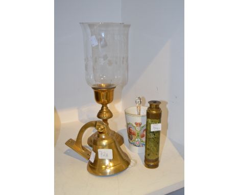 A brass and etched glass storm lantern , a Victorian monocular brass and shagreen telescope, a brass bell , a commemorative c