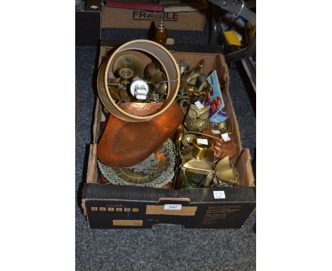 Metalware - a coloured glass and brass musical lantern; a pair of brass chamber sticks; a hammered copper dish; a treen marqu