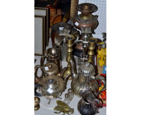 Plated Ware and Metal Ware - a pair of brass candlesticks;  an EPNS wooden biscuit barrel;  candelabrum;  oil lamp; an Elking