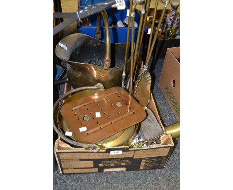 Metalware - a brass helmet shaped coal bucket;  a brass fireside companion set; a brass jam pan; etc.