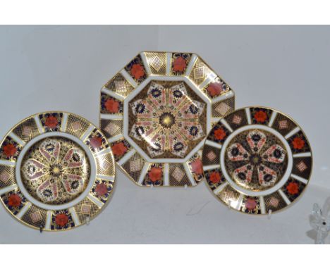 Royal Crown Derby 1128 Imari- octangonal plate, second quality; a pair of side plates, first quality (3)