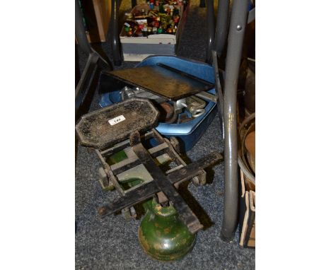 A set of Avery counter balance kitchen scales; a Spong mincer