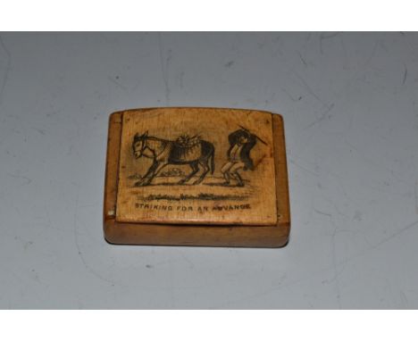 A novelty Victorian Mauchlin ware pocket snuff box, the hinged cover decorated with a farmer striking an ass's posterior, wit