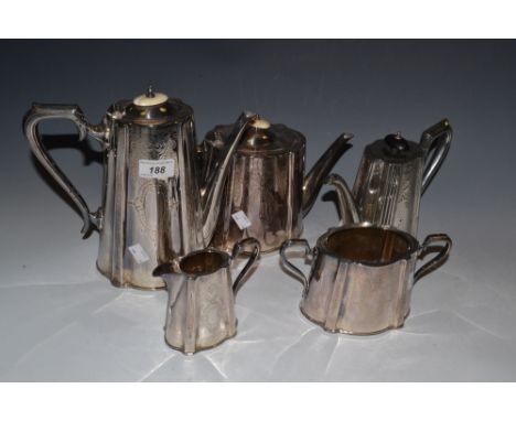 A silver plated Walker and Hall coffee pot, engraved with floral swags, ivory finial; a silver plated Walker and Hall tea pot