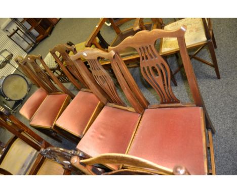 A set of five Chippendale Revival mahogany dining chairs, pierced vasular splats, drop -  in seats