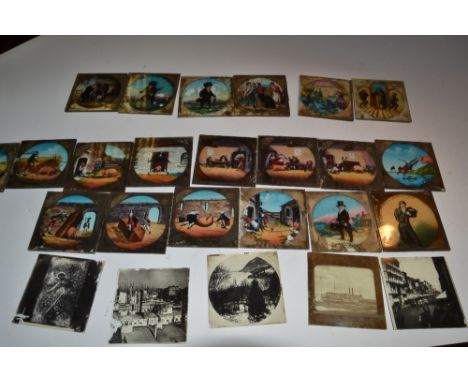 Magic Lantern Slides - a Victorian hand painted magic lantern slide , hand painted with humorous scenes, Simon and the Pig, o