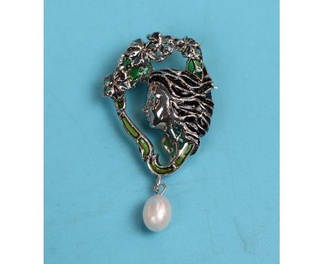 Silver &amp; enamel Art Nouveau style brooch