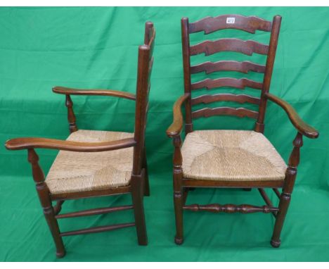 Pair of ladder back rush seated armchairs