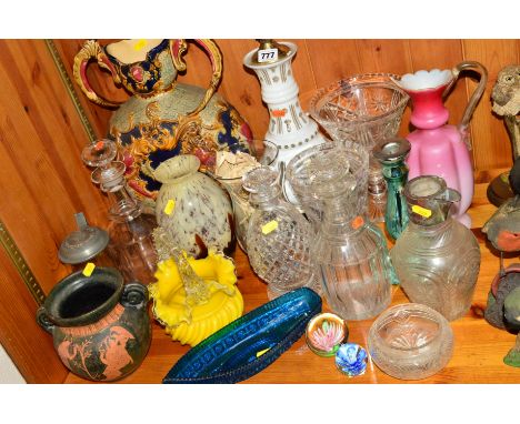 A GROUP OF DECORATIVE GLASSWARE and two ceramic vases, to include a glass white flash cut lamp, decanters, candlesticks and v