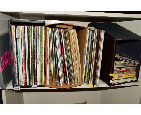 TWO CASES AND ONE BOX OF OVER ONE HUNDRED L.P'S, FIFTY SINGLES AND A FIDELITY PORTABLE RECORD PLAYER, records include a Jesus