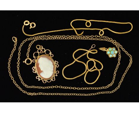 A SELECTION OF JEWELLERY, to include an oval cameo pendant, an opal cabochon flower shape cluster pendant and two chains (one