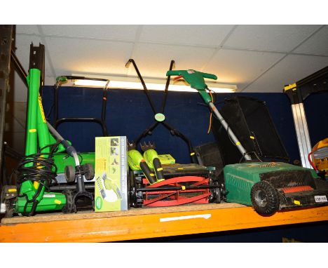 A QUANTITY OF VARIOUS GARDEN TOOLS to include a Black and Decker electric scarifier, a Webb push along scarifier, a G Tech co
