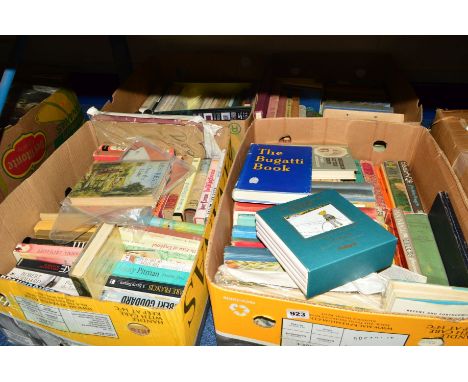 FOUR BOXES OF BOOKS, to include a boxed collection of facsimile Rupert books, a Motor Racing Publications Ltd 'The Bugatti Bo