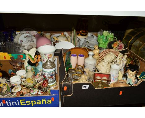 FIVE BOXES AND LOOSE ORNAMENTS, TEA/DINNERWARES etc, to include display cases, hinged trinket boxes, bird sculptures (Country