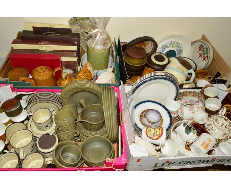 FOUR BOXES OF TEA/DINNER WARES etc, to include Wedgwood 'Cambrian', Hornsea 'Cornrose', Royal Worcester 'Eton', Susie Cooper 