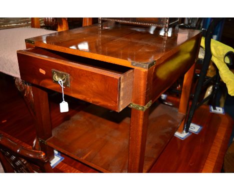 A REPRODUCTION YEWWOOD CAMPAIGN SIDE TABLE with a single drawer and under shelf