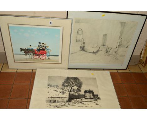 A LIMITED EDITION PRINT BY JAN BALET OF BATHERS ON A HORSE AND CART, together with a limited edition etching by Francis Kelly