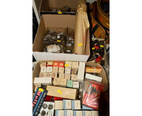 THREE BOXES OF VINTAGE VACUUM TUBES (THERMIONIC VALVES), boxed and loose from makers like Mullard, Pinnacle, Brimar, Marconi,
