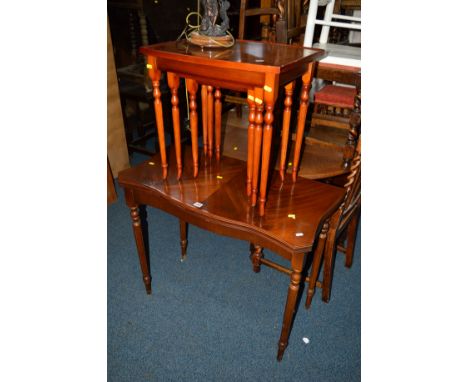 A REPRODUCTION MAHOGANY FOLD OVER CARD TABLE together with a similar nest of three tables (23)