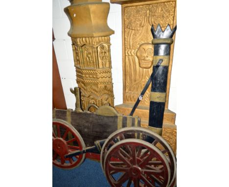 TWO MOULDS OF AFRICAN STYLE FLOOR STANDING WALL MOUNTED PLAQUES, a rectangular plaque of a galleon, a steam engine vehicle an