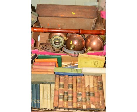 TWO BOXES OF SUNDRY ITEMS to include three copper hanging oil lamps, books, cutlery, musical instrument (tenor recorder), etc