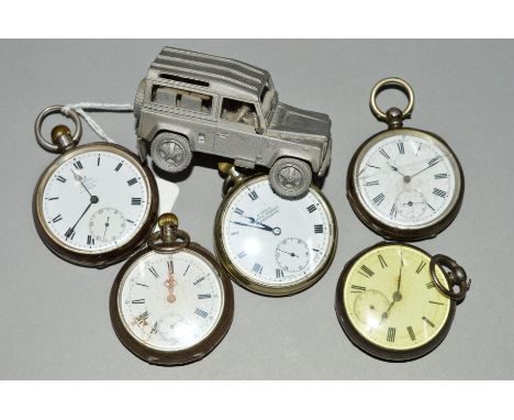 FIVE POCKET WATCHES, INCLUDING A SILVER OMEGA AND A MINIATURE, the pocket watches all with Roman numerals, one by S.Child, 10