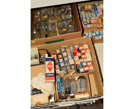 THREE TRAYS OF VINTAGE VACUUM TUBES (THERMIONIC VALVES), some in original boxes and some loose from makers such as Mullard, E