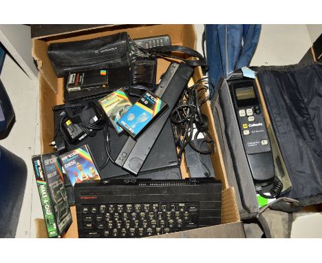 A BOX OF VINTAGE ELECTRONICS, including a Sinclair ZX Spectrum with five tapes, an IBM Thinkpad both with PSU, a Motorola 850