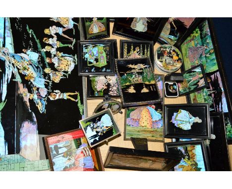 A COLLECTION OF BUTTERFLY WING PICTURES, BROOCH etc, most set in easel back frames (20)