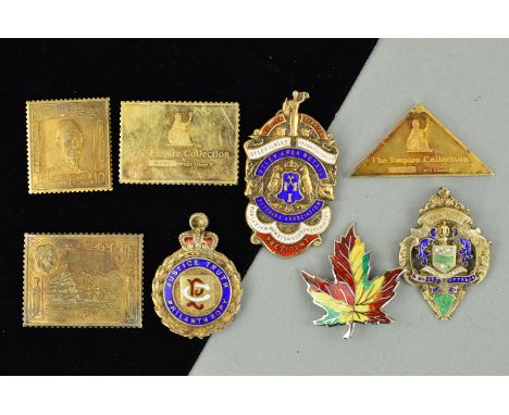 THREE SILVER MEDALLIONS, FOUR SILVER STAMOS AND A BROOCH, the medallions all with enamel detail, the stamps are all from the 