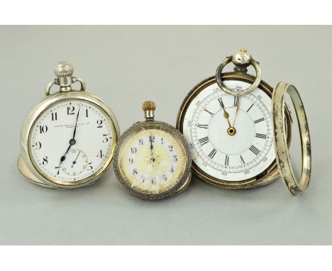 THREE POCKET WATCHES, all with white dials, the first with Arabic numerals and floral engraved decoration to the case, the se