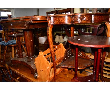 A VICTORIAN ROSEWOOD FOLD OVER CARD TABLE (sd), corner stand, coffee table, three occasional tables and a pine magazine rack 