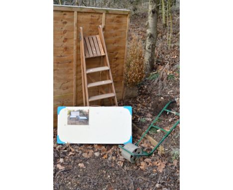 A FOLDABLE CARRYING PICNIC CANTEEN, a walking mini roller and a pair of wooden step ladders (3)