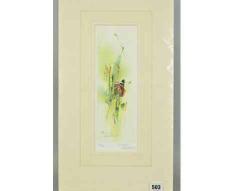 MARION HARBINSON 'RED ADMIRAL ON CATKINS', a limited edition print 86/750 signed in pencil, mounted, unframed, approximate si