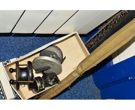 A GROUP OF VINTAGE FISHING TACKLE, including a Hardy's Palakona 'The Itchen' split cane three section rod with spare tip, in 