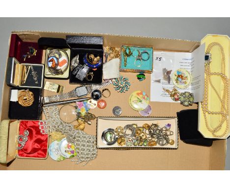 A BOX OF MAINLY COSTUME JEWELLERY, to include imitation pearl necklaces, a silver hinged Charles Horner bangle, with silver h