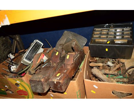 THREE BOXES OF VARIOUS VINTAGE HAND TOOLS, containing smoothing planes, drill bits, clamps etc (3)