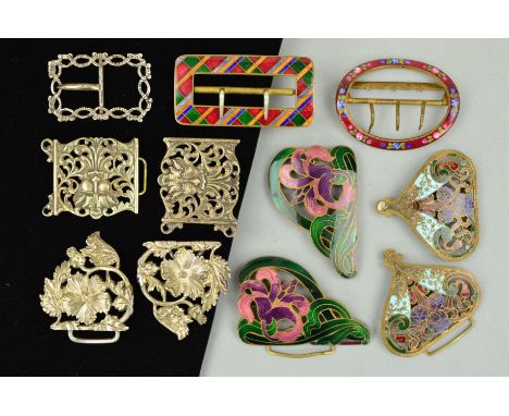 A COLLECTION OF NURSES AND ASSORTED SILVER BUCKLES to include a hallmarked silver Chester 1895, Continental enamelled vintage