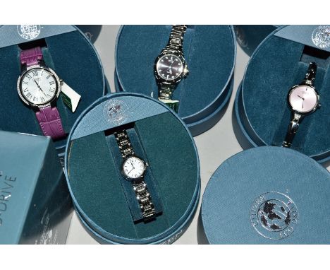 FOUR BOXED LADIES CITIZEN ECO-DRIVE WRIST WATCHES, the first with purple leather strap, circular head, Roman numerals and dia