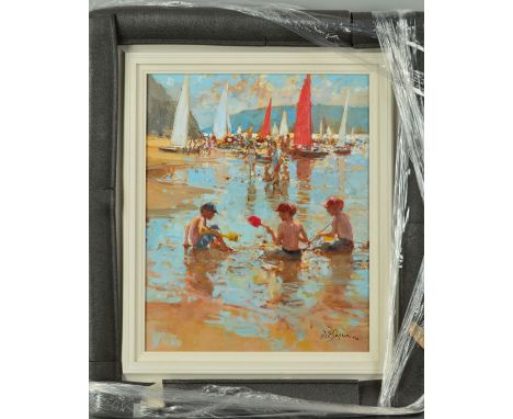 DIANNE FLYN 'WATERS EDGE', a limited edition hand embellished print on board 13/195, children playing on a beach, signed bott