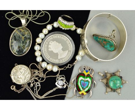 A SELECTION OF JEWELLERY, to include an enamel bug pendant, a circular locket, an oval agate pendant, a silver hinged bangle,