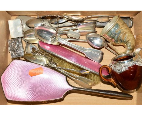 BOX OF SILVER AND PLATE including silver mounted ceramic jug, assorted 19th and 20th century silver spoons, modern pill boxes