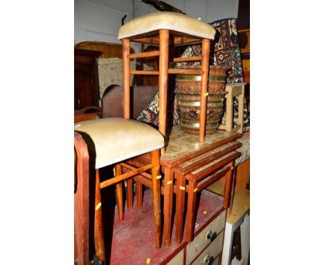 A QUANTITY OF OCCASIONAL FURNITURE to include a teak tile topped nest of three tables, four various stools, a pair of plastic