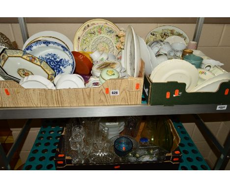 THREE BOXES OF ASSORTED CERAMICS AND GLASS, to include Royal Worcester, Wade, teawares, a Royal Brierley iridescent bowl and 