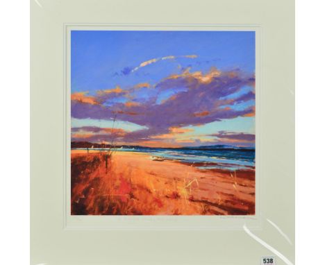 PETER WILEMAN 'AS TWILIGHT CLOAKS THE LAND', sunset over a deserted beach, a limited edition print 229/250, signed and titled