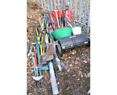 AN AGRIFAB PUSH ALONG SWEEPER, together with various garden tools (20+)